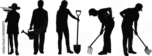 Gardeners Silhouette Black Vector Set Isolated on White Background People Working with Gardening Tools Rake Shovel Watering Can Outdoor