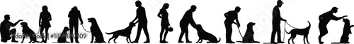 People and Dogs Silhouette Black Vector Set Isolated on White Background Pet Owners Walking Training Playing with Canine Friend