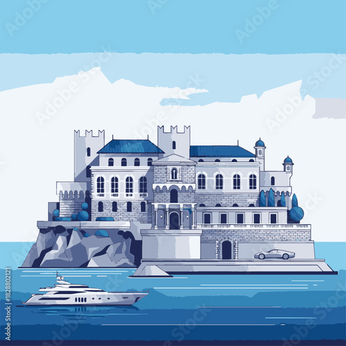 Luxury yacht and sports car near a coastal palace on a rocky island Keywords: yacht, luxury, boat
