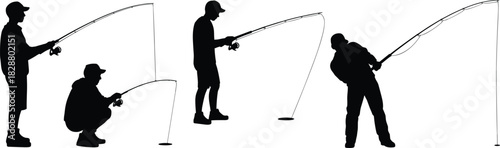 Set of men fishing silhouettes, isolated on white, showing various poses while casting and catching, representing hobby, sport, recreation, nature, leisure, relaxation, and outdoor activity