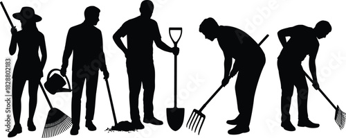 Set of people gardening silhouettes, isolated on white, working with shovel, rake, and watering can, representing farming, labor, horticulture, spring, yard work, and maintenance concept