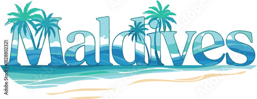 Maldives text with palm trees and ocean waves on white background lettering word