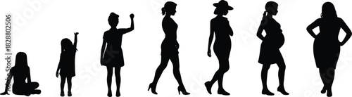 Woman life stages silhouette set, showing development from girl to adult, including pregnant, thin, and plus size body shapes, representing feminism, diversity, and life cycle concept