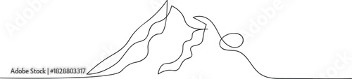 Minimalist mountain range line art illustration. A simple, single-line drawing depicting a majestic mountain range with a prominent peak, rendered in a clean, linear style.
