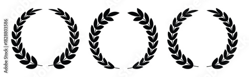 A set of Three black  decorative laurel wreaths set. Illustration of three wheat and laurel wreaths in different styles isolated on white background