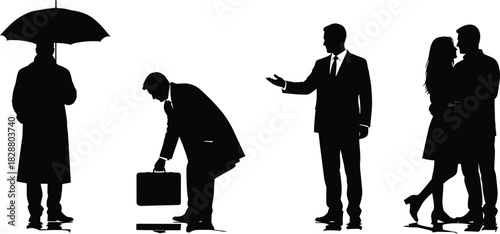 Business and Couple Silhouettes Vector Set, Diverse Poses of Man with Umbrella, Briefcase, and Romantic Pair, People in Everyday Scenarios.
