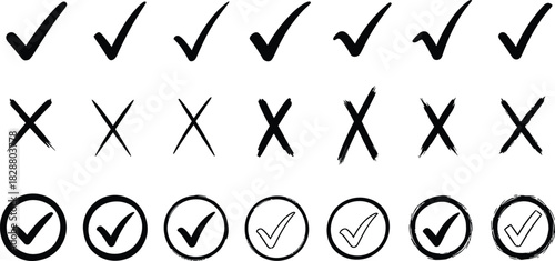 Hand drawn check marks and crosses set for approval and rejection