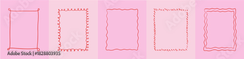 Set of whimsical hand-drawn frames with wavy  vintage styles. Quirky trendy Frame, red Borders for Wedding Invitation, cute pink color greeting cards , line doodle design elements Vector illustration.