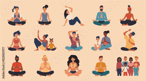 A vector illustration sheet featuring a diverse group of people practicing yoga and meditation. The icons are arranged in rows against a soft, pale beige background.