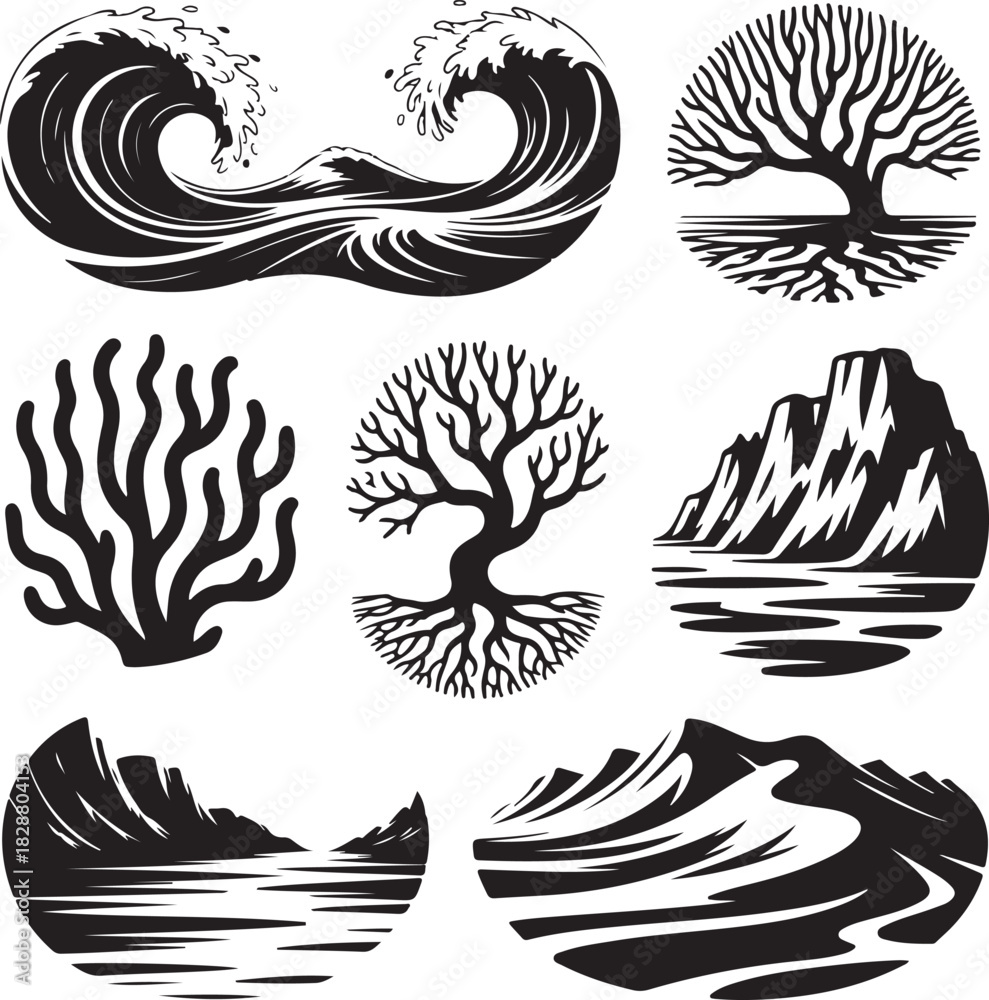 Obraz premium Monochrome Vector Landscape Elements Collection Featuring Waves Trees and Mountains