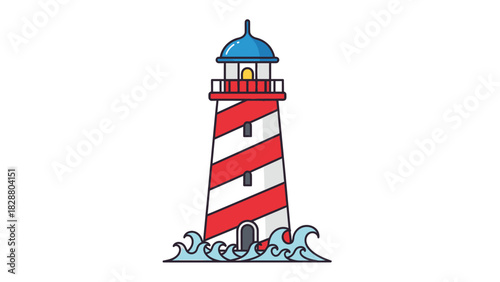 Red Striped Cartoon Lighthouse with Blue Dome and Waves