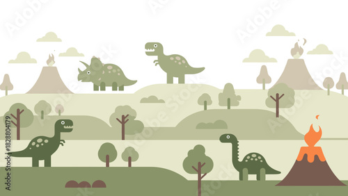 Pastel Landscape with Cute Dinosaurs and Volcanoes Illustration
