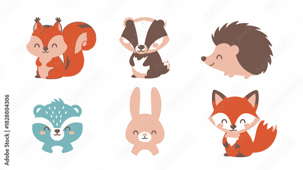 Fototapeta premium Adorable Cartoon Animals Isolated on White Background illustration vector