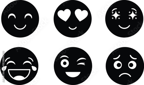 Set of Cartoon Emoticons Collection With Black Color Vector Illustration On Transparent Background, Smile, Wink, Laughing and Crying