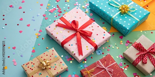 Colorful gift boxes with ribbons and confetti on pastel background for holiday celebration .