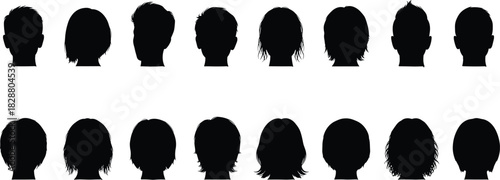 Head profile silhouettes, diverse hairstyles, black outline, hair type chart, minimal design, identity concept, vector art, people busts