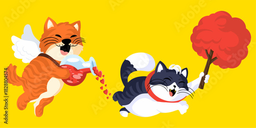 Two cat mascots celebrating Valentine's Day: an orange winged cat full of love, and a blushing gray cat.