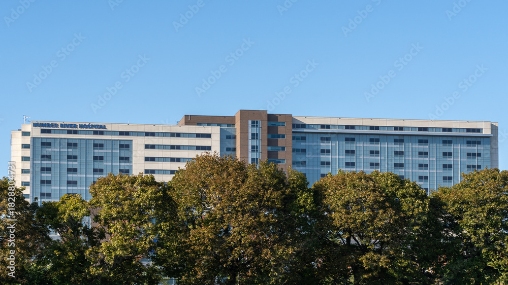 Naklejka premium North York, Toronto, Canada - October 4, 2025: Humber River Hospital is shown in North York, Toronto, Canada 