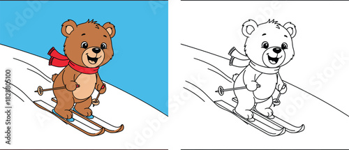 Coloring book page for kids with cute cartoon bear skiing. Vector illustration of happy animal skier with color reference and black and white outline.