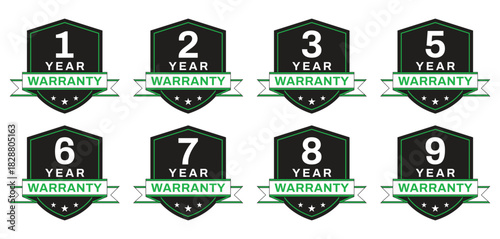 Set of Years warranty shield label. shield warranty badge icon set. Guarantee labels for 1 to 10 years. Vector isolated on white background.
