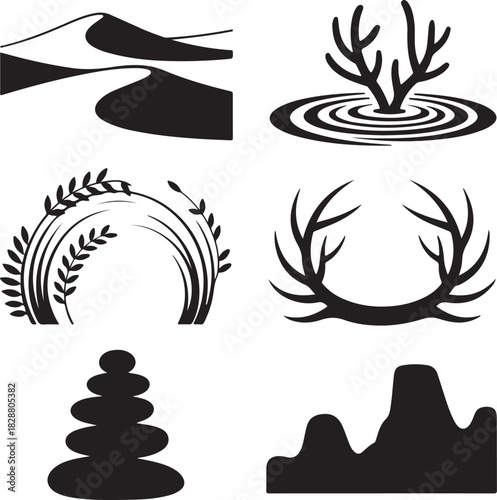 Nature elements vector set with zen stones sand dunes and antlers