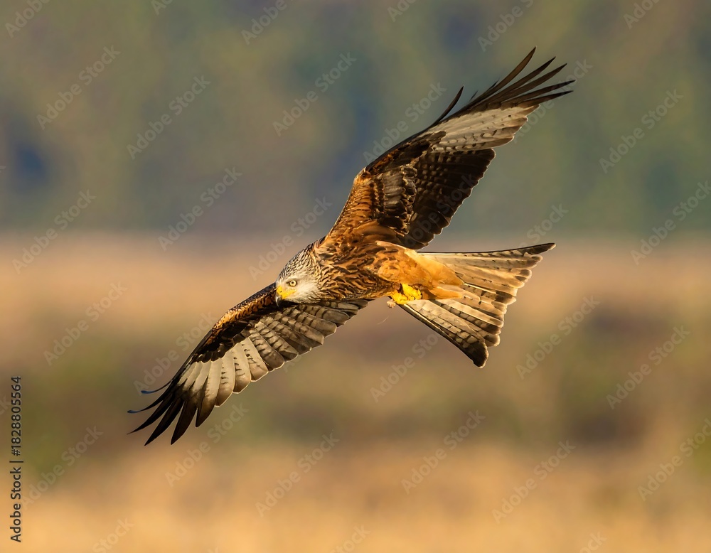 Fototapeta premium Red Kite Soaring High Above Field.