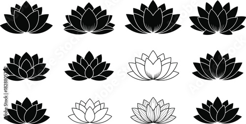 Large Collection of Black and White Lotus Flower Icons Showcasing Various Bud and Bloom Styles Representing Purity, Spiritual Harmony, and Enlightenment.