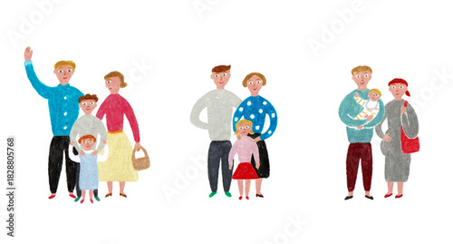 手描きイラスト　子供のいる様々な家族