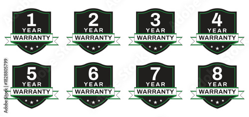 Set of Years warranty shield label. shield warranty badge icon set. Guarantee labels for 1 to 10 years. Vector isolated on white background.