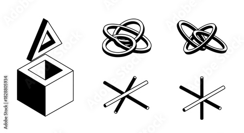 Minimal geometric symbol set featuring cube shapes, angular lines, and abstract directional elements in a clean modern outline style