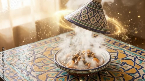 Whimsical tagine dish with magical glowing steam effect.