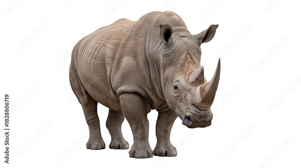 Fototapeta premium Majestic rhinoceros PNG isolated on transparent background, powerful African wildlife animal with thick skin and prominent horns, wildlife conservation