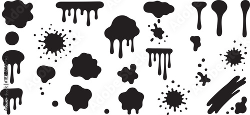Black dripping oil stain, melt drips , liquid, ink  vector set silhouettes isolated vector illustration.