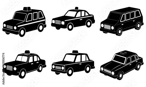 Taxi cabs collection in black and white, showcasing city transportation, available for travel, rideshare, and urban lifestyle concepts, iconic vehicle designs