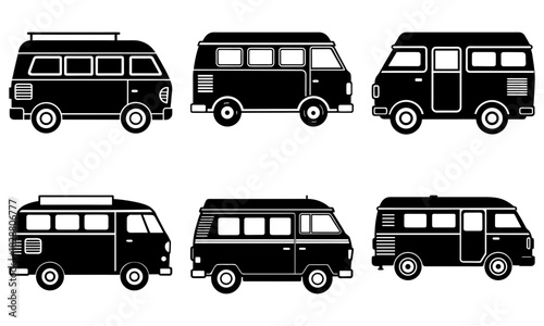Vintage van vector collection, perfect for travel posters, retro designs, and summer vibes. Classic camper style for adventure and nostalgia.