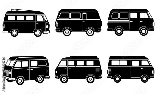 Vintage van collection, retro travel vibes, classic campervans for summer road trips and outdoor adventures, nostalgic design elements, vector style vehicles