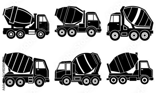 Dynamic construction machinery set for modern projects and infrastructure development, cement trucks for building, originally vector graphics