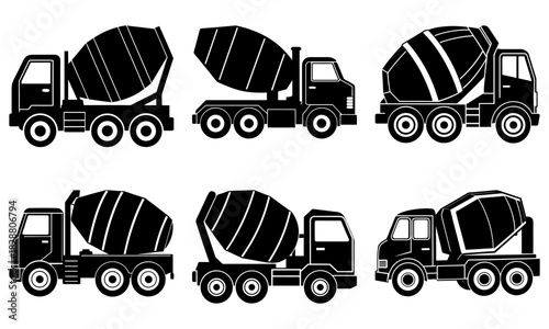 Concrete mixer trucks in a variety of styles and angles ready to work hard on construction sites, a modern equipment transportation fleet for builders