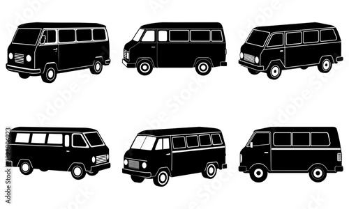 Retro van collection, vintage transport for summer road trips and adventurous travel designs, a nostalgic set with classic vehicle silhouettes