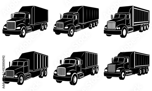 Trucking icons set, efficient delivery solutions for logistics and transportation, commercial freight vehicles, modern fleet management, vector art
