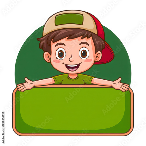 Cheerful cartoon boy wearing a baseball cap holding a blank green banner with open arms