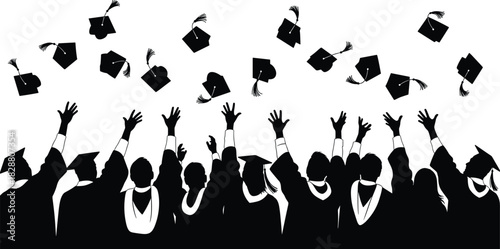 Graduation Ceremony Black Silhouette Vector, Students Throwing Mortarboard Caps into Air, Academic Success and Celebration, University Achievement Illustration.