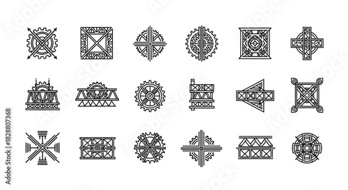 Geometric mandala icon collection with symmetrical circular patterns, abstract symbols, and detailed decorative line elements