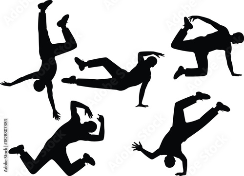 Dynamic silhouettes of breakdancers performing energetic street dance moves in various freeze positions, showcasing athletic motion and modern urban choreography