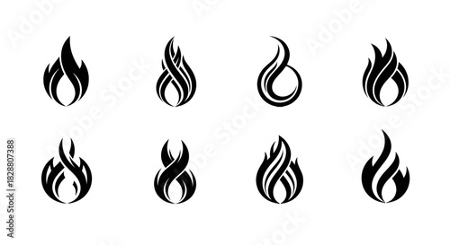 Collection of flame icons with smooth curves, bold contours, and stylized fire shapes representing heat, energy, and dynamic motion
