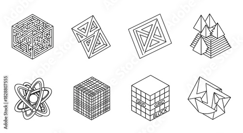 Isometric geometric cubes and architectural block structures arranged in clean technical vector illustrations