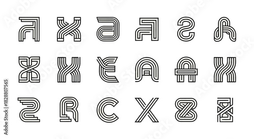 Geometric alphabet icon set featuring stylized angular letters in a modern linear design ideal for branding, typography, and digital graphic elements.