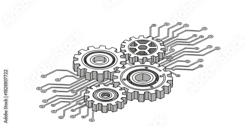 Complex abstract pattern of circular mechanical components with flowing interconnected lines forming an intricate symmetrical design.