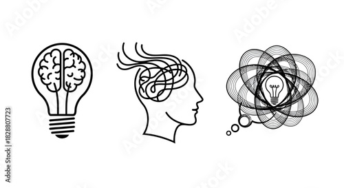 Creative science-themed illustration combining a lightbulb, human head silhouette, and atomic structure symbolizing ideas, innovation, and knowledge.