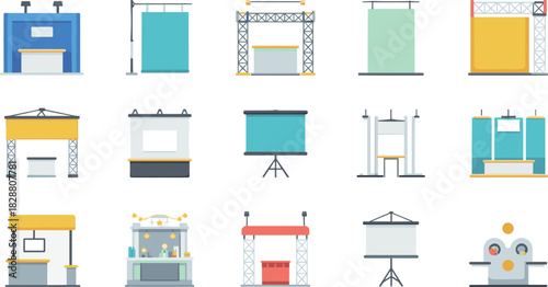 Flat design exhibition booth collection, trade show stand icons, modern event display templates, promotional booth illustrations, business expo presentation graphics set